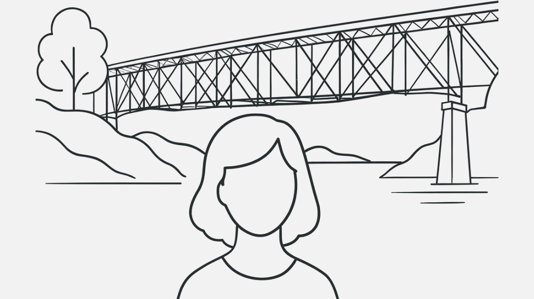 Outline of a person with a bridge and landscape in the background