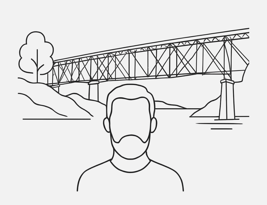 Outline of a person with a bridge and landscape in the background