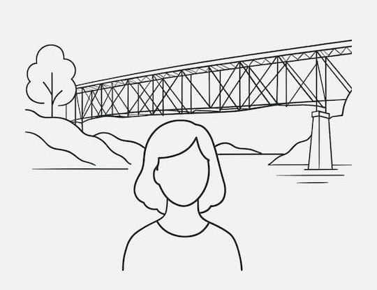 Outline of a person with a bridge and landscape in the background
