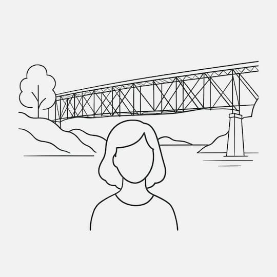 Outline of a person with a bridge and landscape in the background