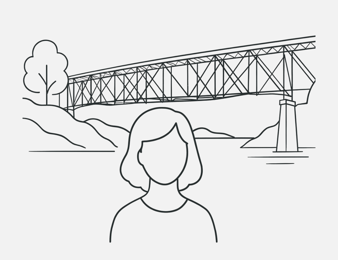 Outline of a person with a bridge and landscape in the background