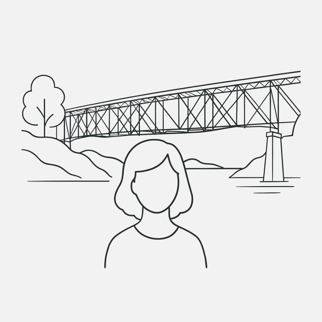 Outline of a person with a bridge and landscape in the background