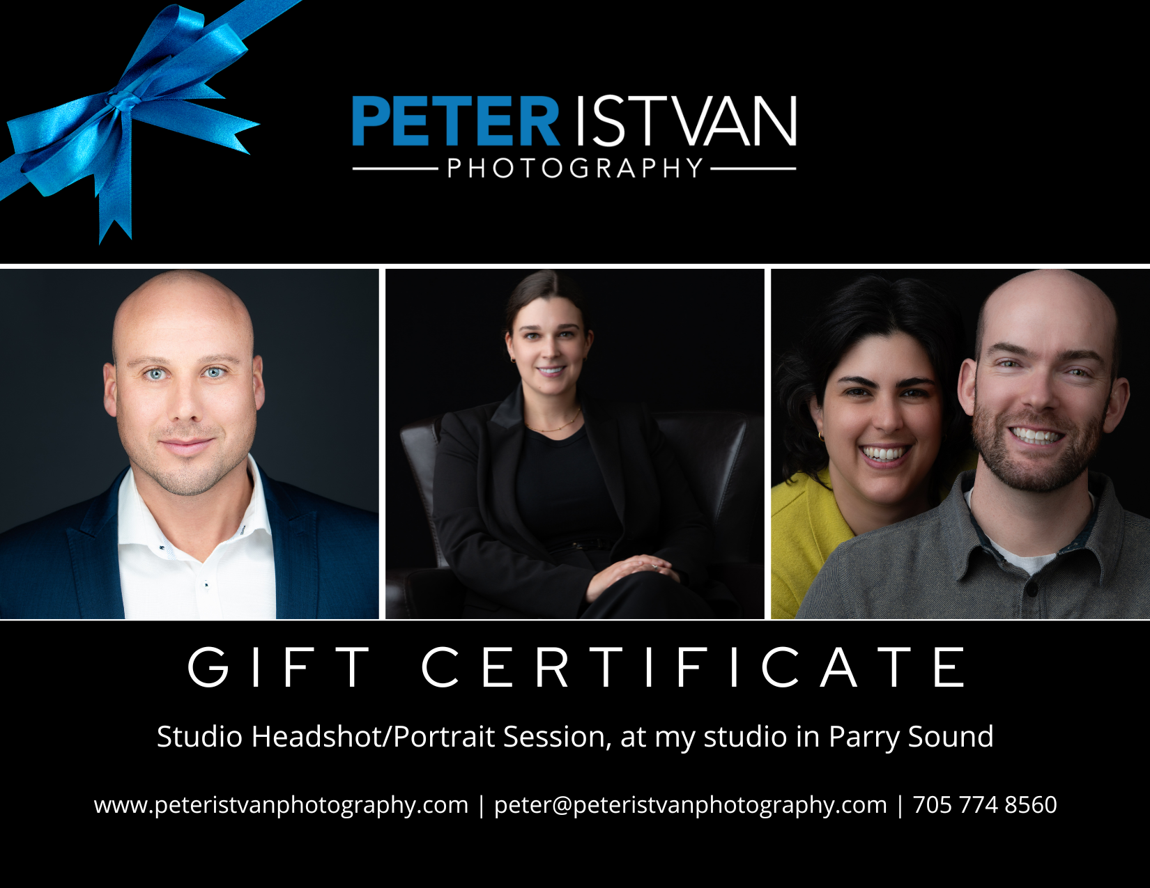 Gift certificate for studio headshot and portrait session with Peter Istvan Photography.