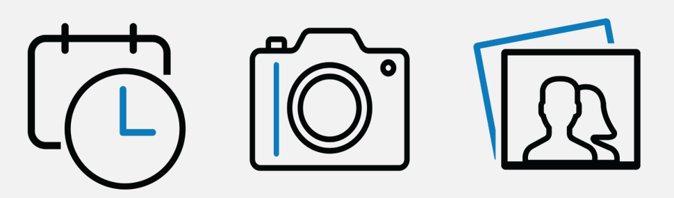 Set of three icons: a clock, a camera, and a photo frame with a silhouette, on a white background.
