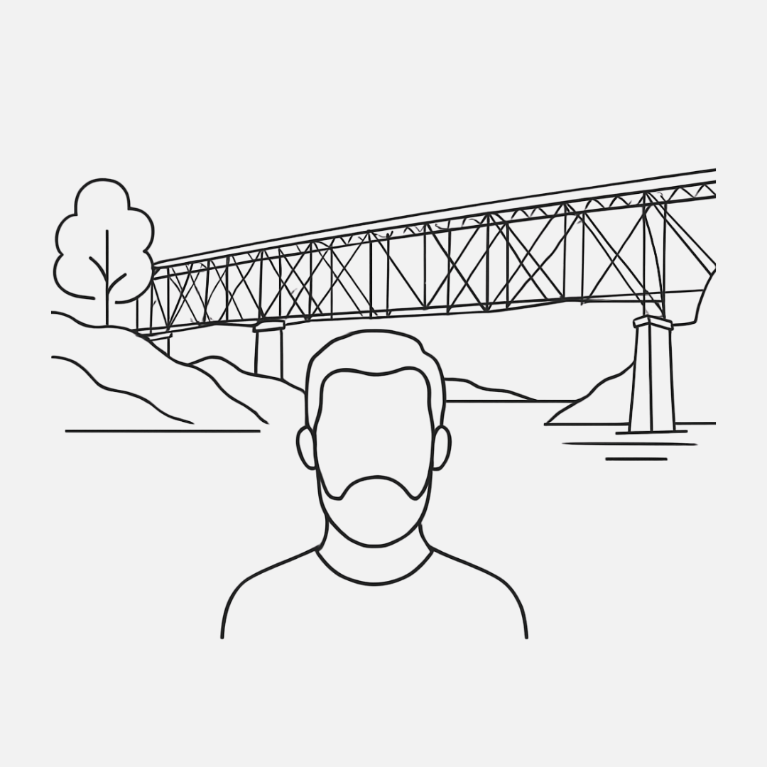 Outline of a person with a bridge and landscape in the background