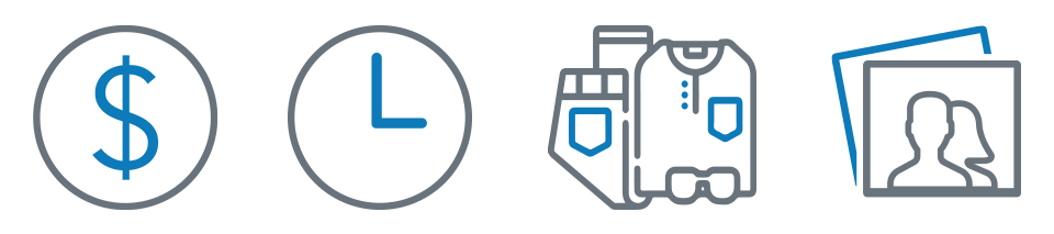 four icons for headshot price time clothing images